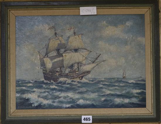 R Stokes-Smith, oil on board, Galleon at sea, signed, 30 x 40cm